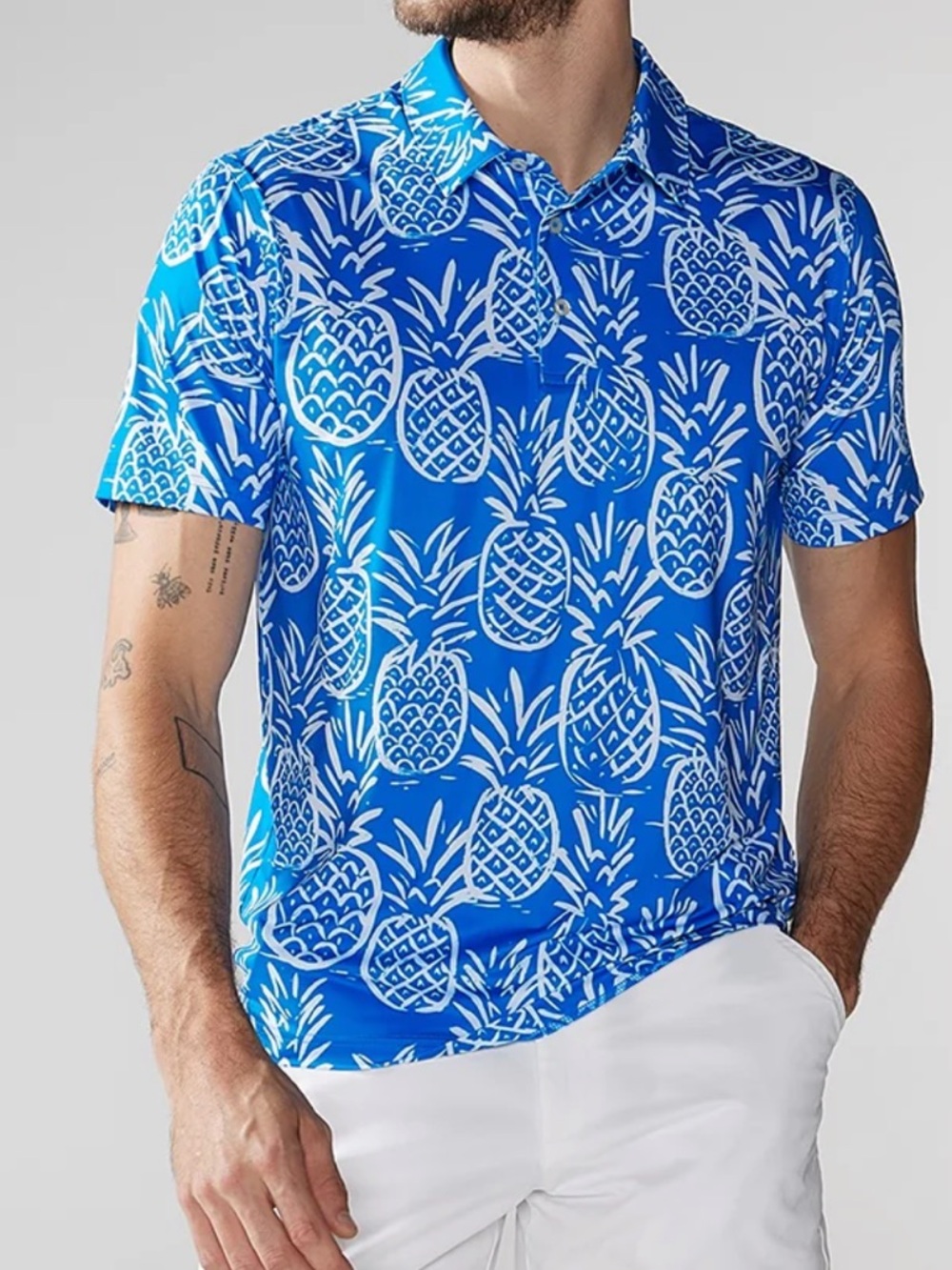 Men Bright Blue Pineapple Print Performance Polo XL